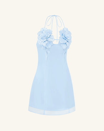 Blumenbesticktes Minikleid - Blau