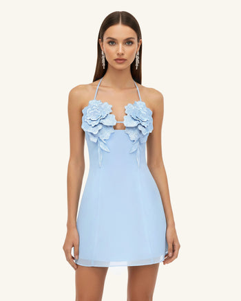 Blumenbesticktes Minikleid - Blau