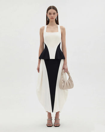 Monochromes Peplum-Top im Paneel-Design mit eckigem Ausschnitt - Schwarz