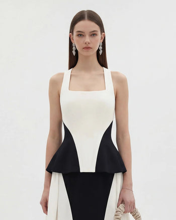 Monochromes Peplum-Top im Paneel-Design mit eckigem Ausschnitt - Schwarz