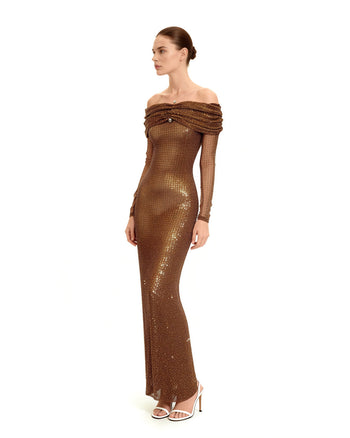 Strass-Netz Maxikleid mit schulterfreiem Ausschnitt - Braun
