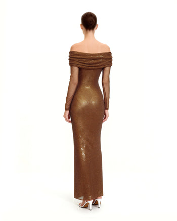 Strass-Netz Maxikleid mit schulterfreiem Ausschnitt - Braun