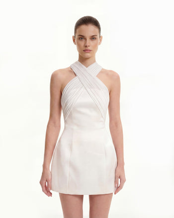 Satin-Minikleid mit gekreuztem Tüll-Neckholder – Weiß