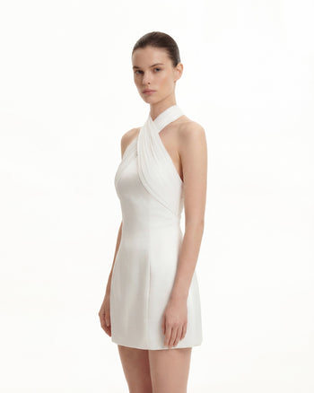 Satin-Minikleid mit gekreuztem Tüll-Neckholder – Weiß