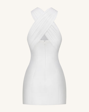 Satin-Minikleid mit gekreuztem Tüll-Neckholder – Weiß