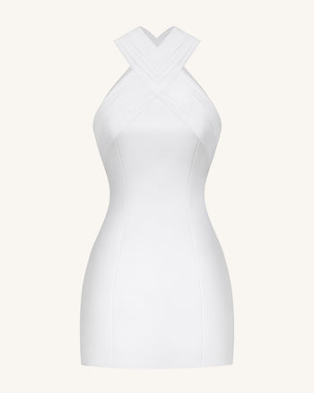 Satin-Minikleid mit gekreuztem Tüll-Neckholder – Weiß