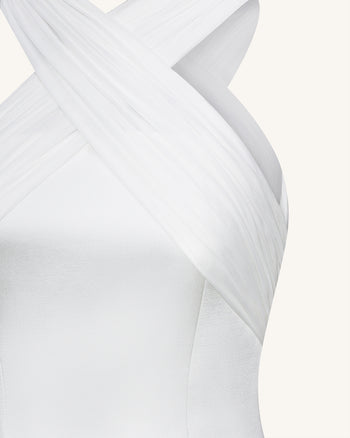 Satin-Minikleid mit gekreuztem Tüll-Neckholder – Weiß