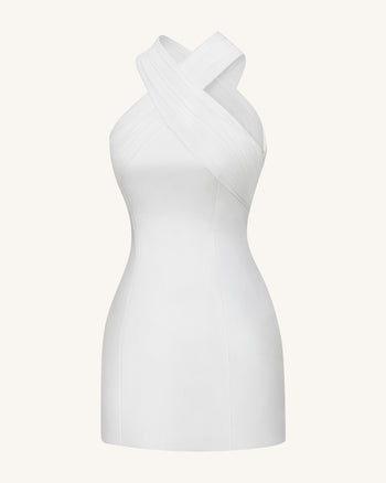Satin-Minikleid mit gekreuztem Tüll-Neckholder – Weiß