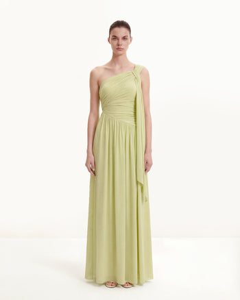 Gerüschtes One-Shoulder Maxikleid mit Schleppe - Grün