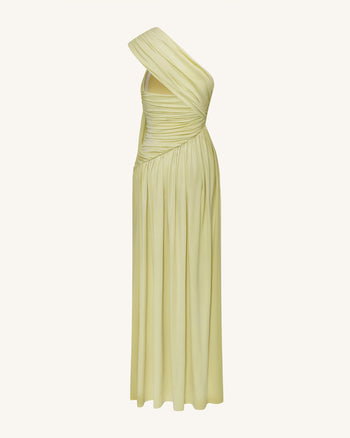 Gerüschtes One-Shoulder Maxikleid mit Schleppe - Grün