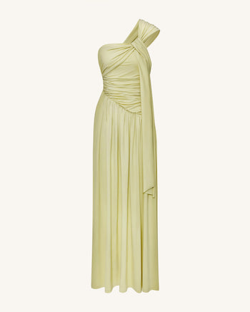 Gerüschtes One-Shoulder Maxikleid mit Schleppe - Grün