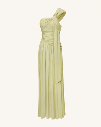 Gerüschtes One-Shoulder Maxikleid mit Schleppe - Grün