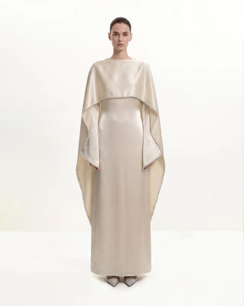 198Perlenbesetztes Maxikleid mit Umhangärmeln und U-Boot-Ausschnitt - Creme