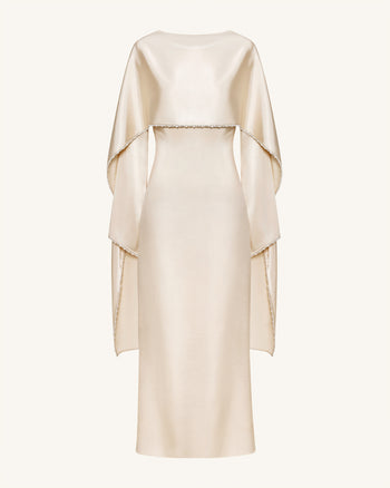 198Perlenbesetztes Maxikleid mit Umhangärmeln und U-Boot-Ausschnitt - Creme