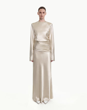 Satiniertes Maxikleid mit Drapierung - Creme