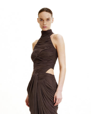 Geraffter Halterneck-Body mit Twist-Detail vorne – Braun