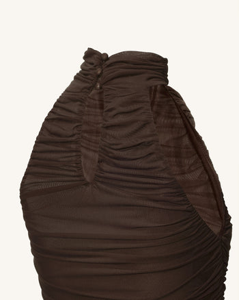 Geraffter Halterneck-Body mit Twist-Detail vorne – Braun