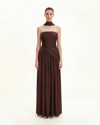Maxikleid ohne Träger mit Raffung - Braun