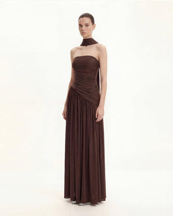 Maxikleid ohne Träger mit Raffung - Braun