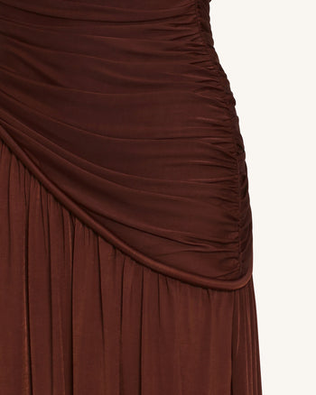 Maxikleid ohne Träger mit Raffung - Braun