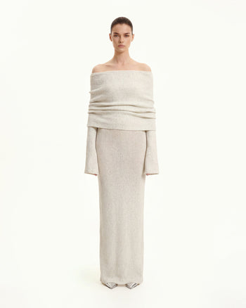 Knit Maxikleid mit schulterfreiem Ausschnitt - Creme