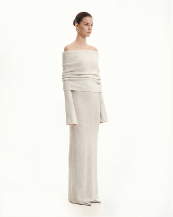 Knit Maxikleid mit schulterfreiem Ausschnitt - Creme