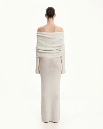 Knit Maxikleid mit schulterfreiem Ausschnitt - Creme