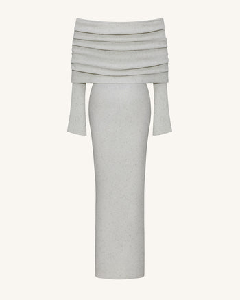 Knit Maxikleid mit schulterfreiem Ausschnitt - Creme