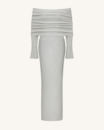 Knit Maxikleid mit schulterfreiem Ausschnitt - Creme