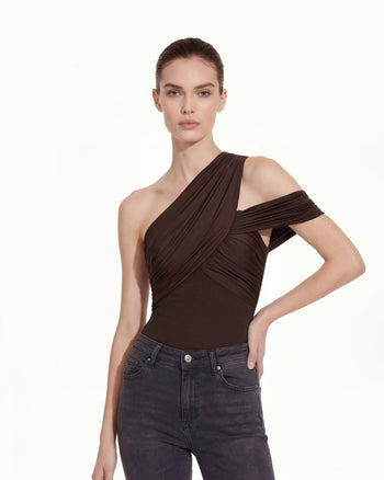 Asymmetrisches One-Shoulder-Oberteil mit Raffung - Braun