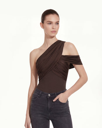 Asymmetrisches One-Shoulder-Oberteil mit Raffung - Braun