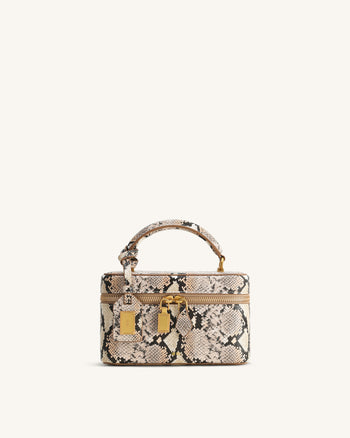 Cleo Schlangenleder-geprägte Box Shape Top Handle Tasche - Beige