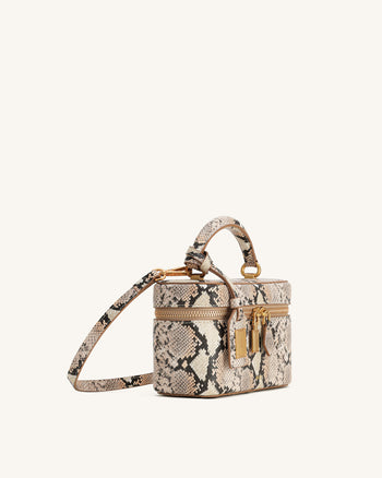 Cleo Schlangenleder-geprägte Box Shape Top Handle Tasche - Beige