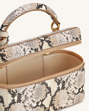 Cleo Schlangenleder-geprägte Box Shape Top Handle Tasche - Beige