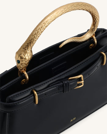 Elena Schlangenledergriff Henkeltasche - Schwarz