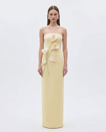 Trägerloses Kleid mit Blumenapplikationen - Gelb