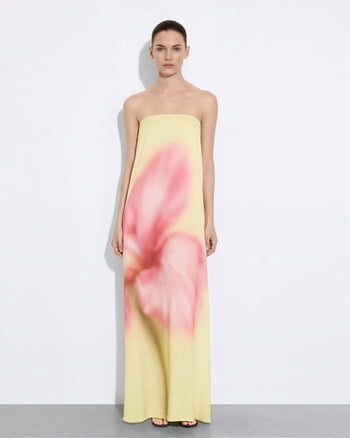 Trägerloses Maxikleid mit Aquarell-Blumendruck - Gelb