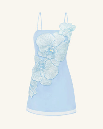 Minikleid mit Orchideen-Applikation - Blau