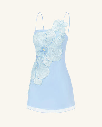 Minikleid mit Orchideen-Applikation - Blau