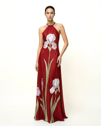 Neckholder-Maxikleid mit Iris-Blumenprint - Rubinrot