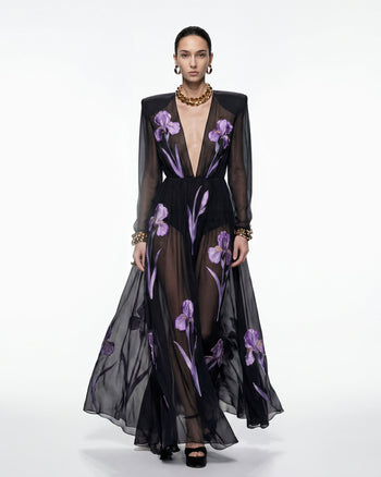 Transparentes langärmeliges Abendkleid mit Iris-Blumenprint - Schwarz/Lila