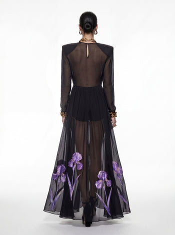Transparentes langärmeliges Abendkleid mit Iris-Blumenprint - Schwarz/Lila