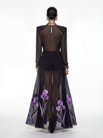 Transparentes langärmeliges Abendkleid mit Iris-Blumenprint - Schwarz/Lila