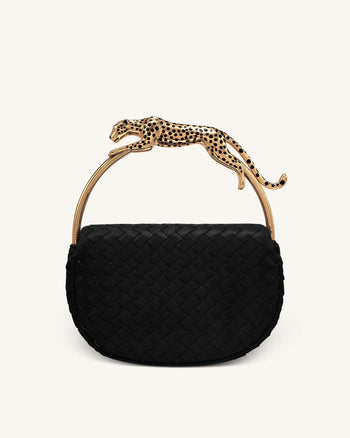 Ione Geflochtene Henkeltasche mit Leopardenform-Hardware-Griff - Schwarz