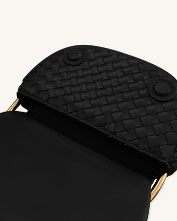 Ione Geflochtene Henkeltasche mit Leopardenform-Hardware-Griff - Schwarz