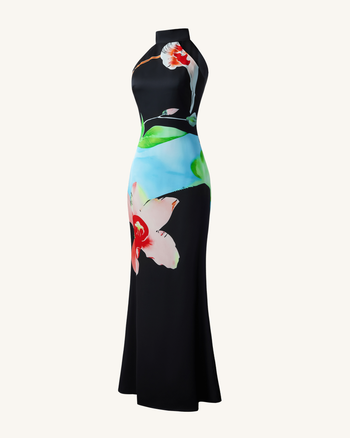 Satinkleid mit Blumenmuster und Neckholder – Schwarz Multicolor