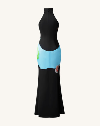 Satinkleid mit Blumenmuster und Neckholder – Schwarz Multicolor
