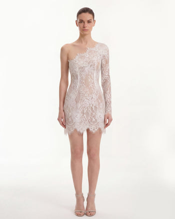One-Schulter-Minikleid aus Spitze - Weiß