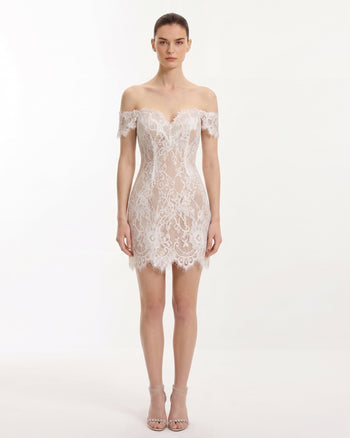 Off-Schulter-Minikleid aus Spitze - Weiß