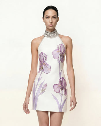 Neckholder-Kleid mit Schmucksteinen und Iris-Motiv - Weiß